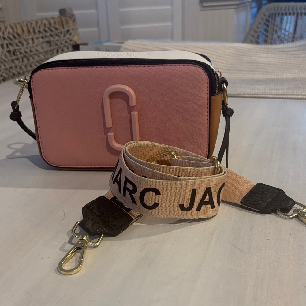 Marc Jacobs Pink and Tan Crossbody Snapshot Bag with Logo Strap